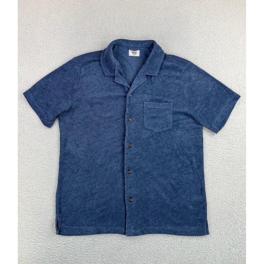 Marine Layer Shirt Mens Large Blue Terry Knit Short Sleeve Button Up Casual